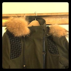 Maje military coat with raccoon fur hood trim